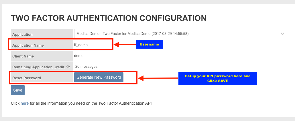 Two Factor Authentication configuration page showing the application name used for API authentication.