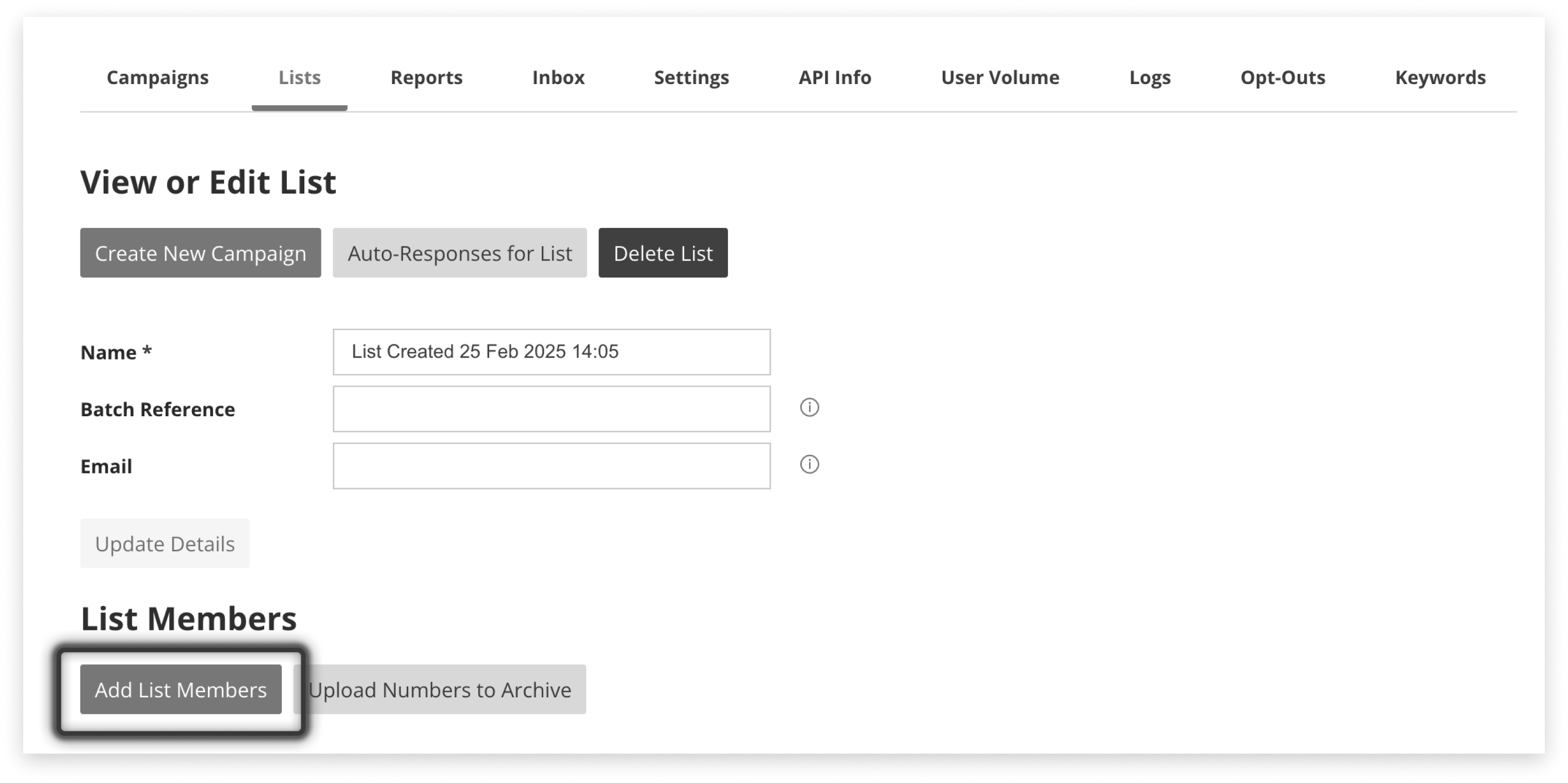 Black and white screenshot highlighting the button to click to add members to an existing list in campaign manager