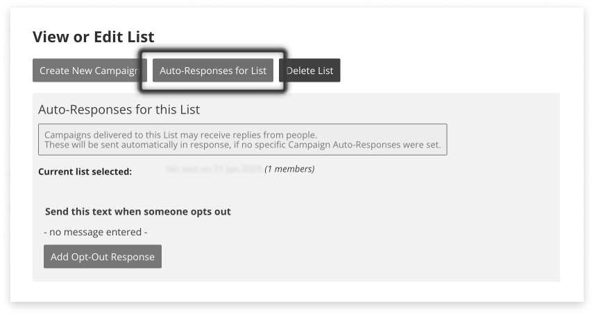 Black and white screenshot of where to create responses per campaign to a new list, in campaign manager