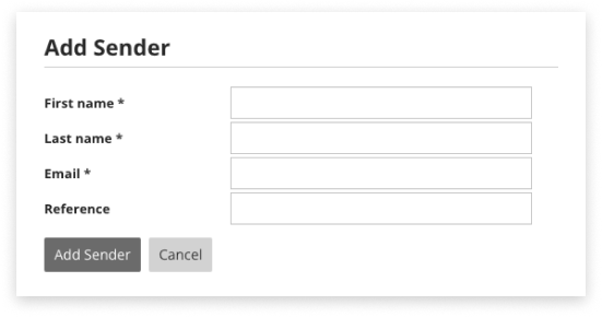 Captura de pantalla en blanco y negro de la configuración de Añadir remitente dentro de la pestaña Remitente de E2S