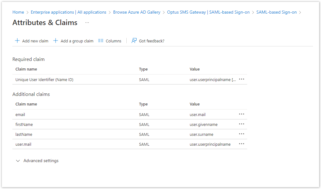 Attributes and Claims list showing the completed claim mappings.