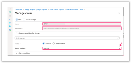 Claim editor with Name changed to email and Source set to Attribute.