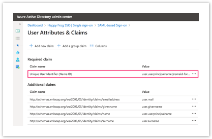 Required Claim settings for user principal name.