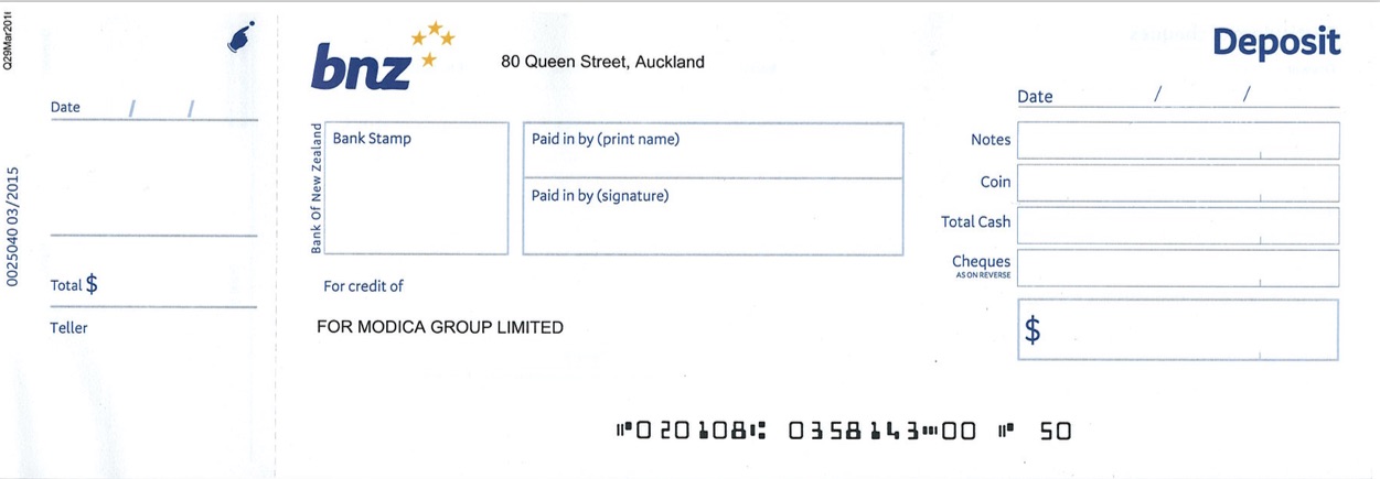 BNZ deposit slip showing Modica payment reference information.