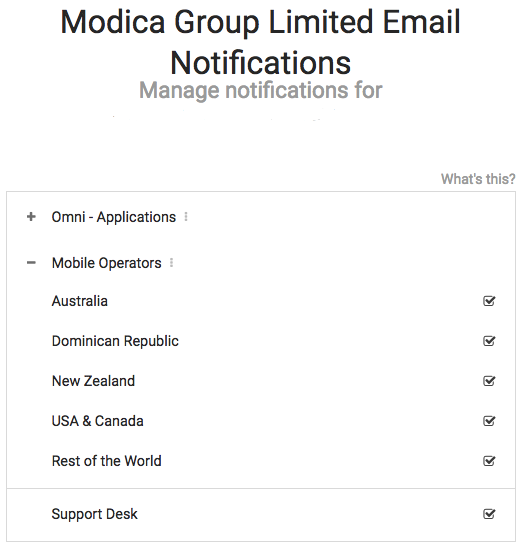 Manage Notifications page with subscription options selected.