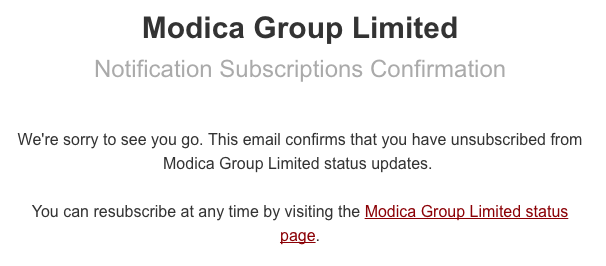 Unsubscription confirmation email for status updates.
