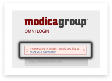 screenshot of an error at login prompting password reset