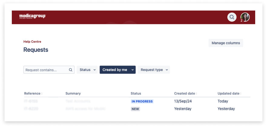 screenshot of modica's service desk requests page