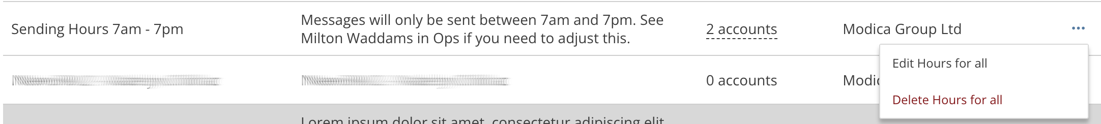 Sending Hours tab with the action menu used to edit a sending hours schedule.